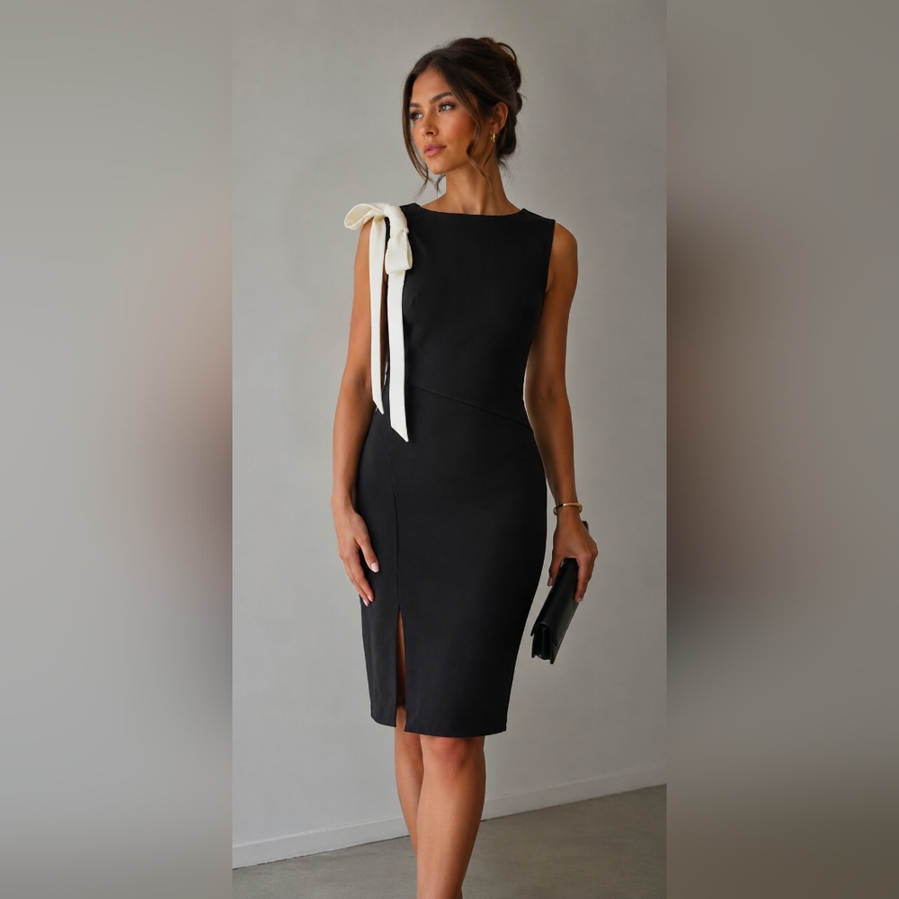 NWT Calvin Klein Black Midi Sheath Dress with Ivory Bow